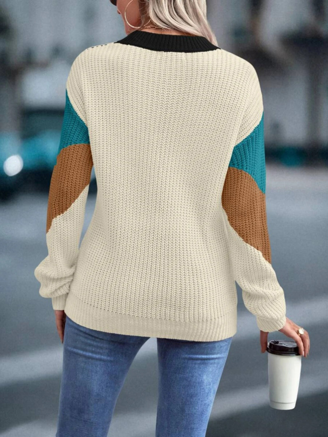 Color Block Round Neck Dropped Shoulder Sweater