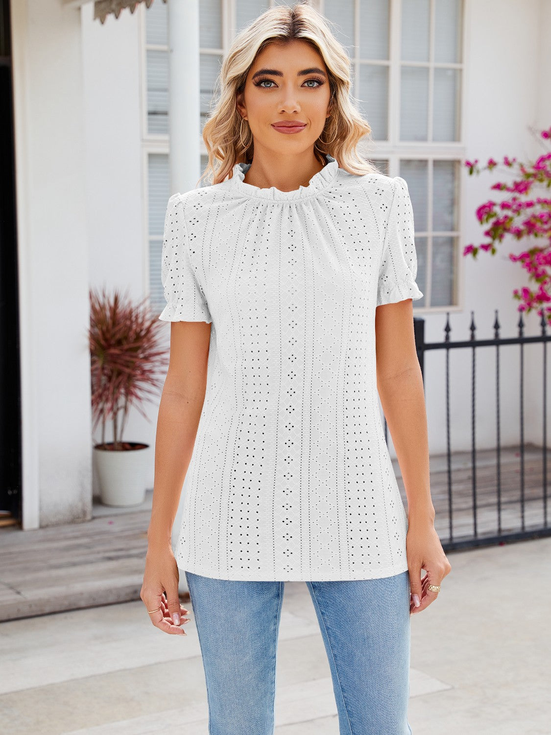 Eyelet Frill Mock Neck Flounce Sleeve Blouse