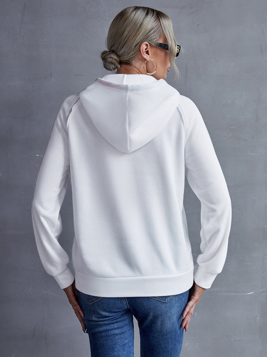 Contrast Stitching Drawstring Raglan Sleeve Hoodie