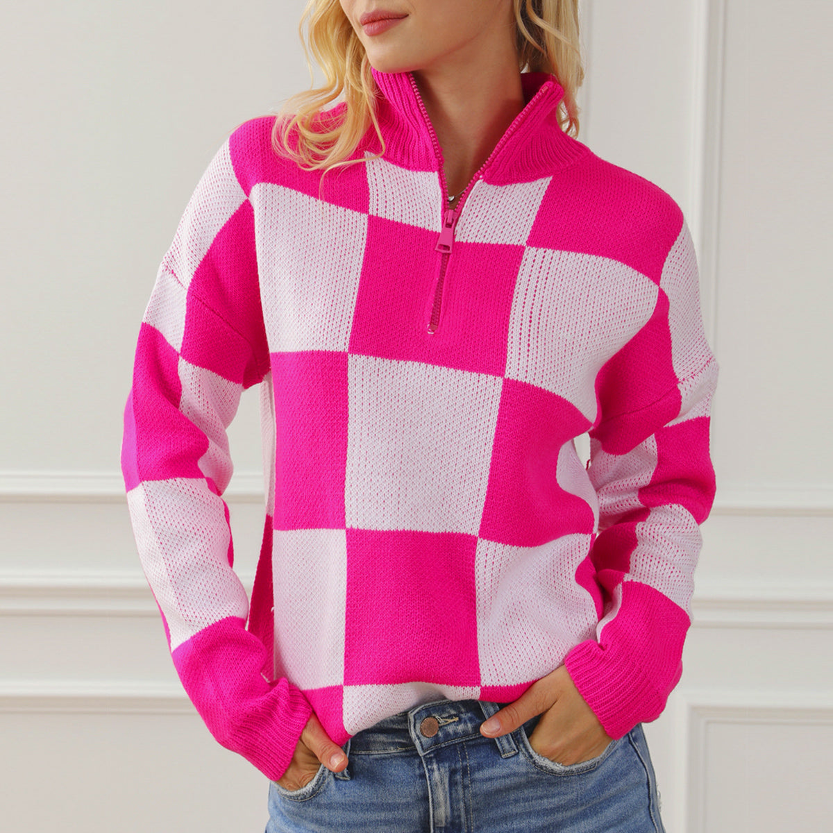 Checkered Half Zip Long Sleeve Sweater