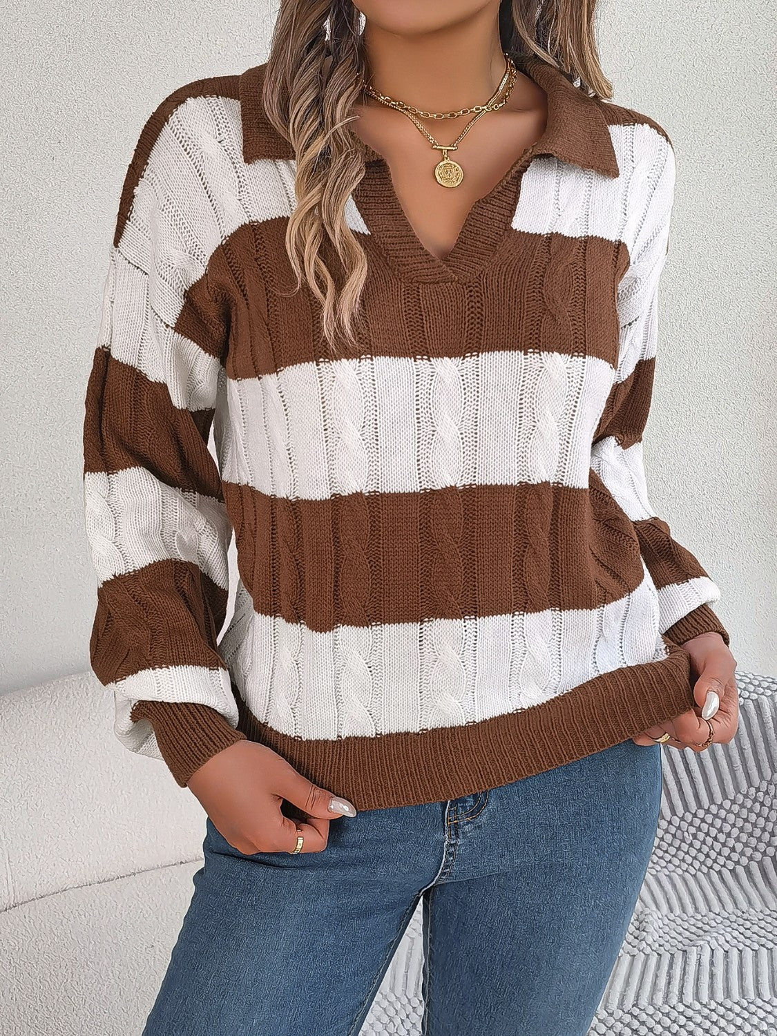 Cable-Knit Striped Long Sleeve Sweater