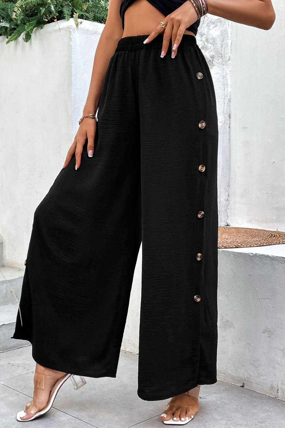 Button Detail Elastic Waist Wide Leg Pants