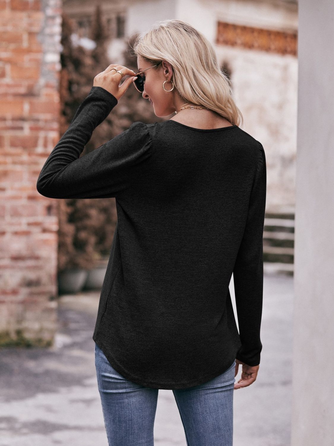 Pleated Detail Curved Hem Long Sleeve Top