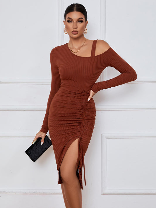 Ribbed Ruched Drawstring Wrap Dress