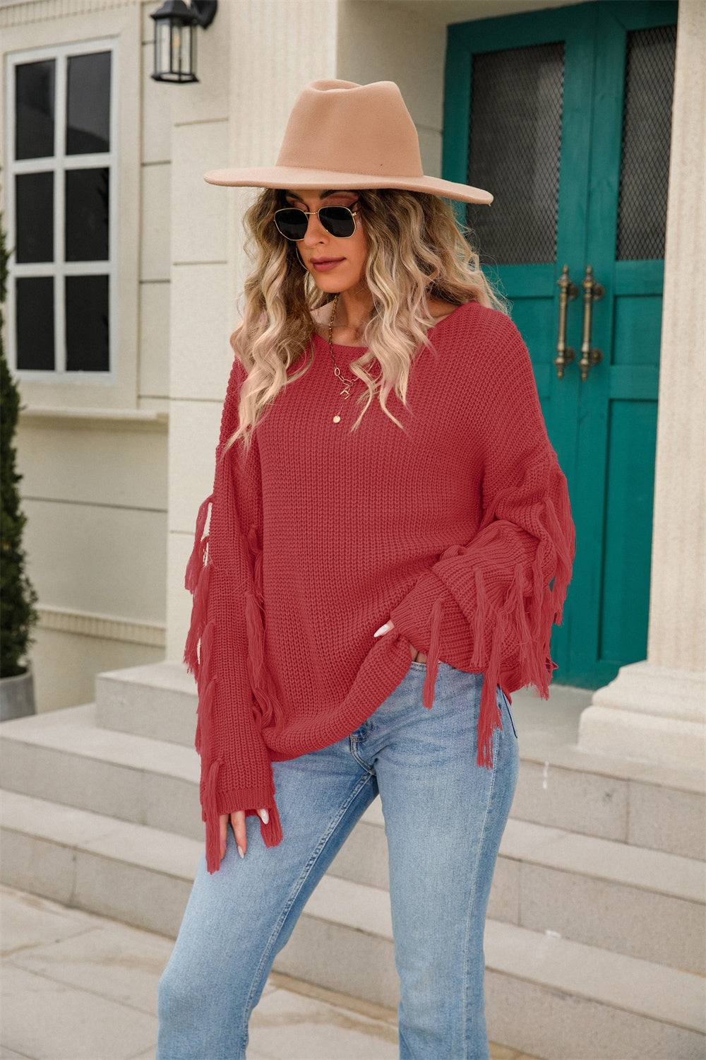 Fringe Round Neck Dropped Shoulder Sweater