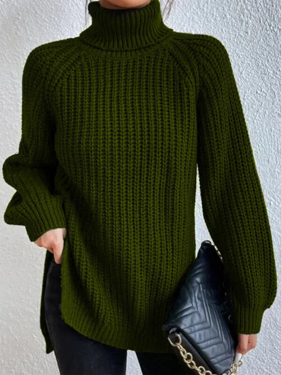 Full Size Turtleneck Rib-Knit Slit Sweater