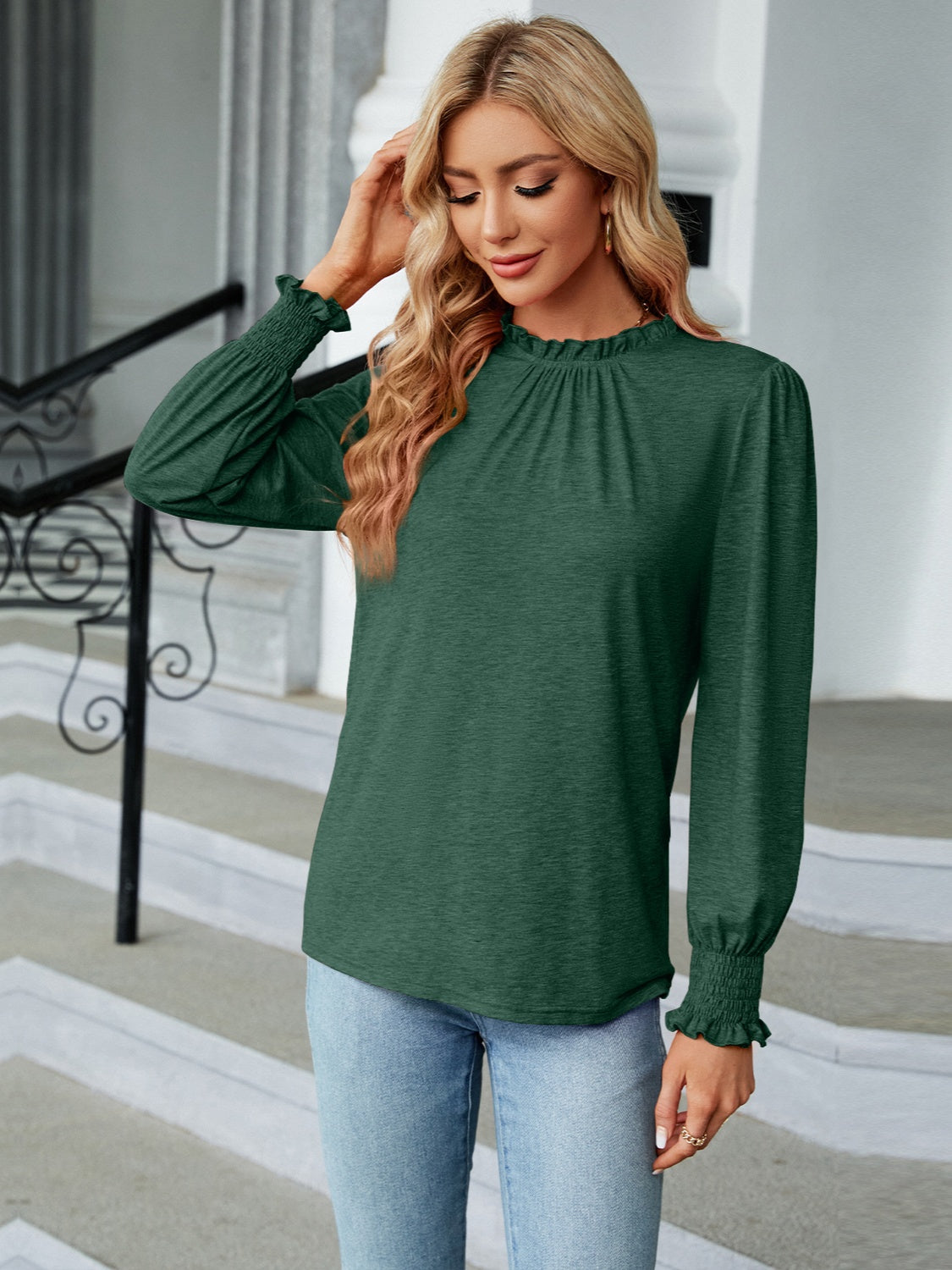 Frill Mock Neck Long Sleeve Blouse