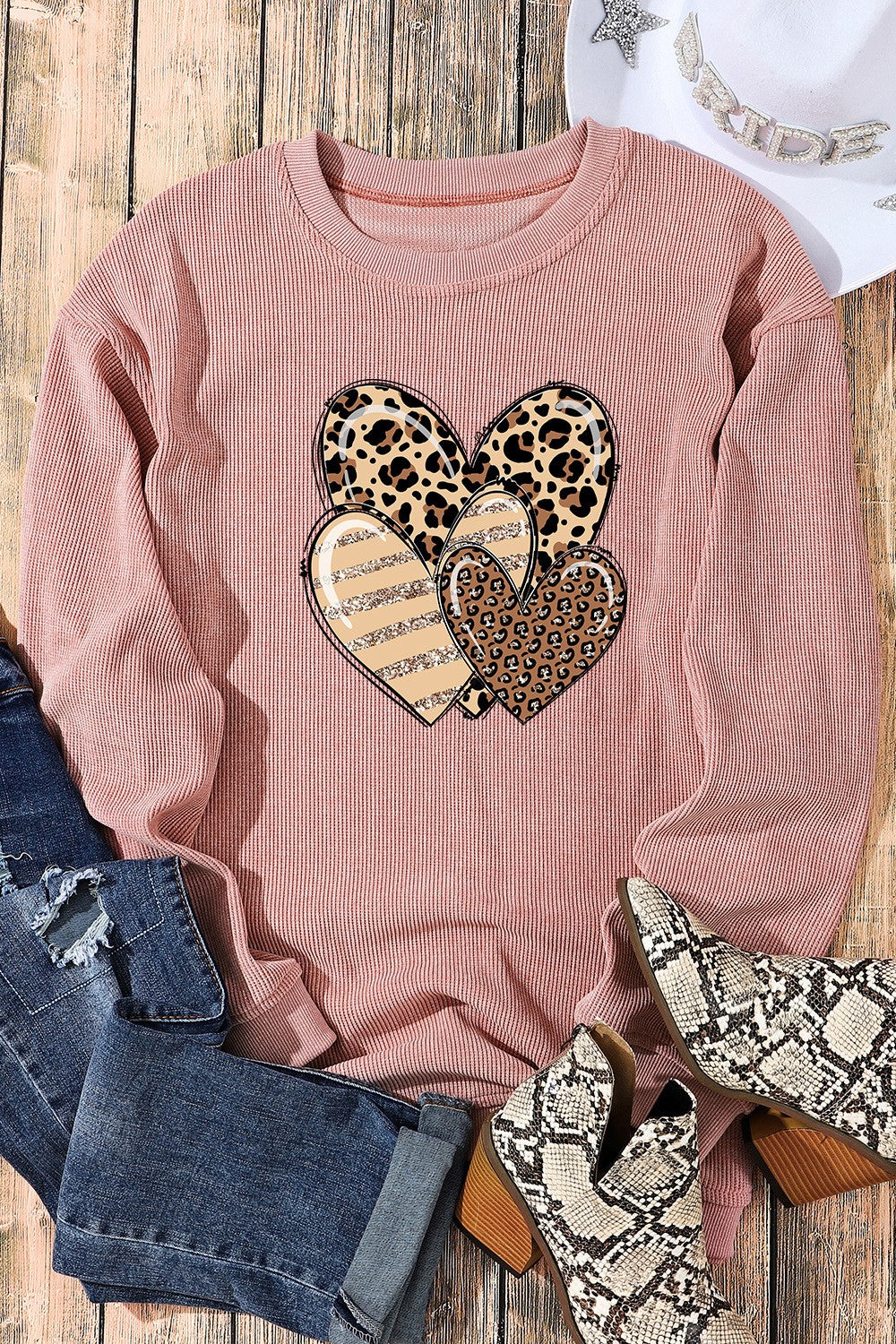 Heart Ribbed Round Neck Sweatshirt