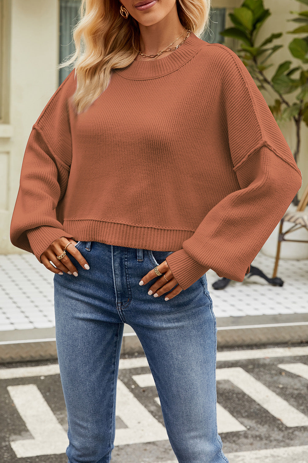 Round Neck Dropped Shoulder Sweater