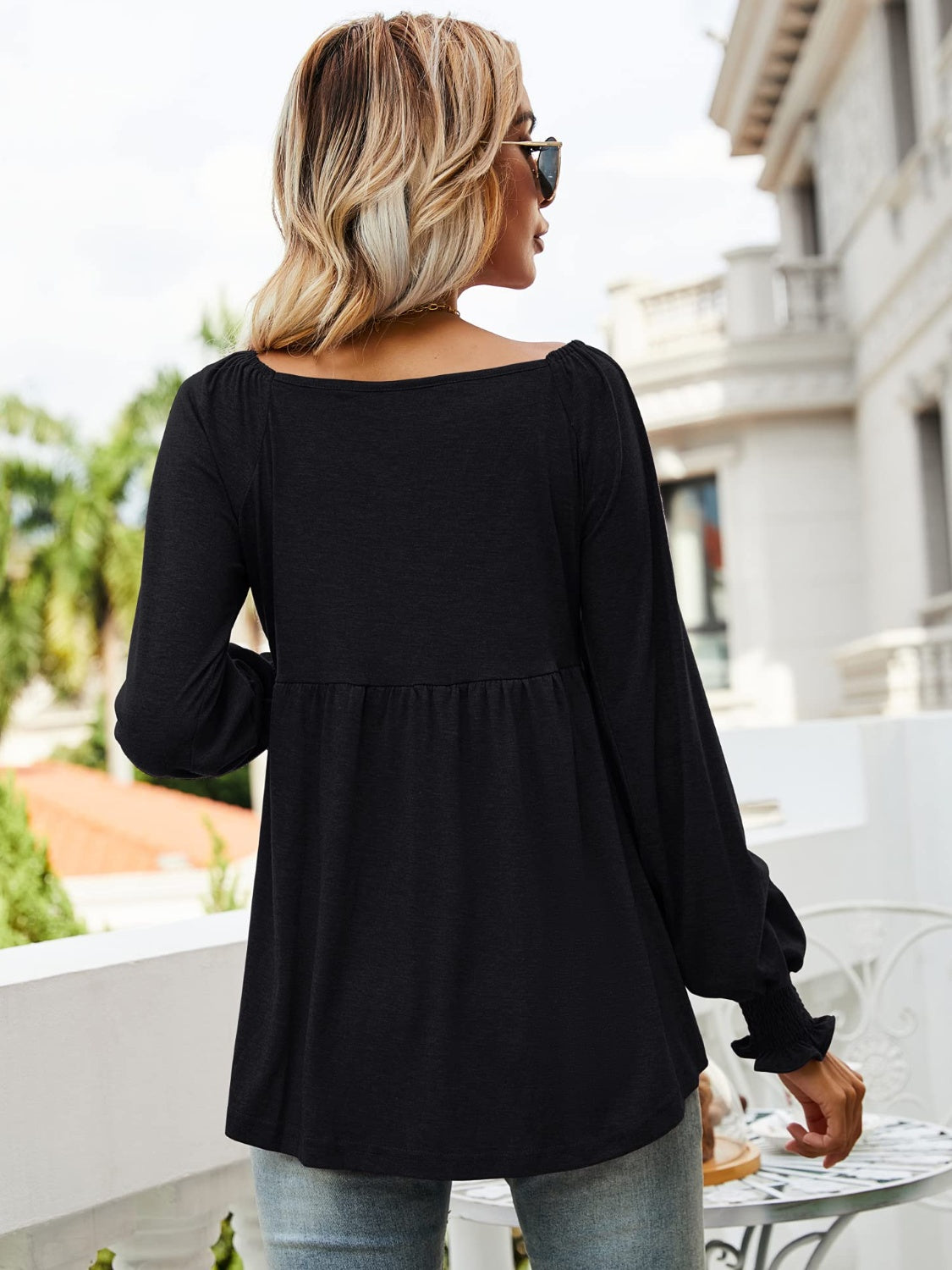 V-Neck Lantern Sleeve Blouse