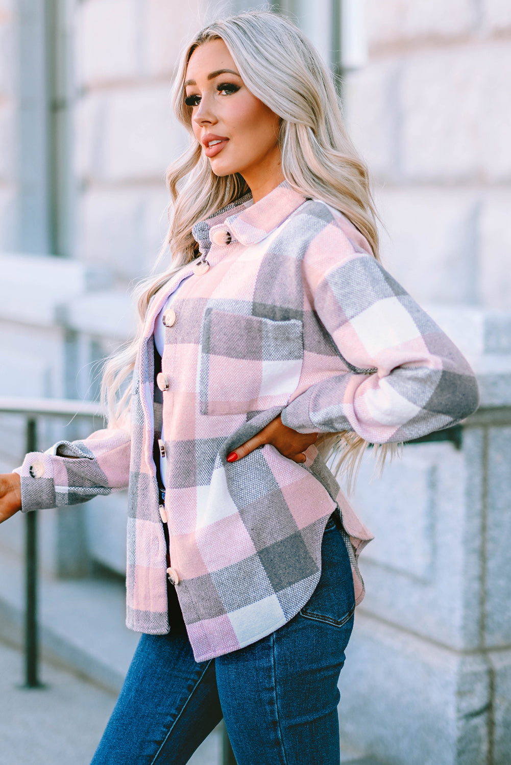 Plaid Button Up Dropped Shoulder Jacket